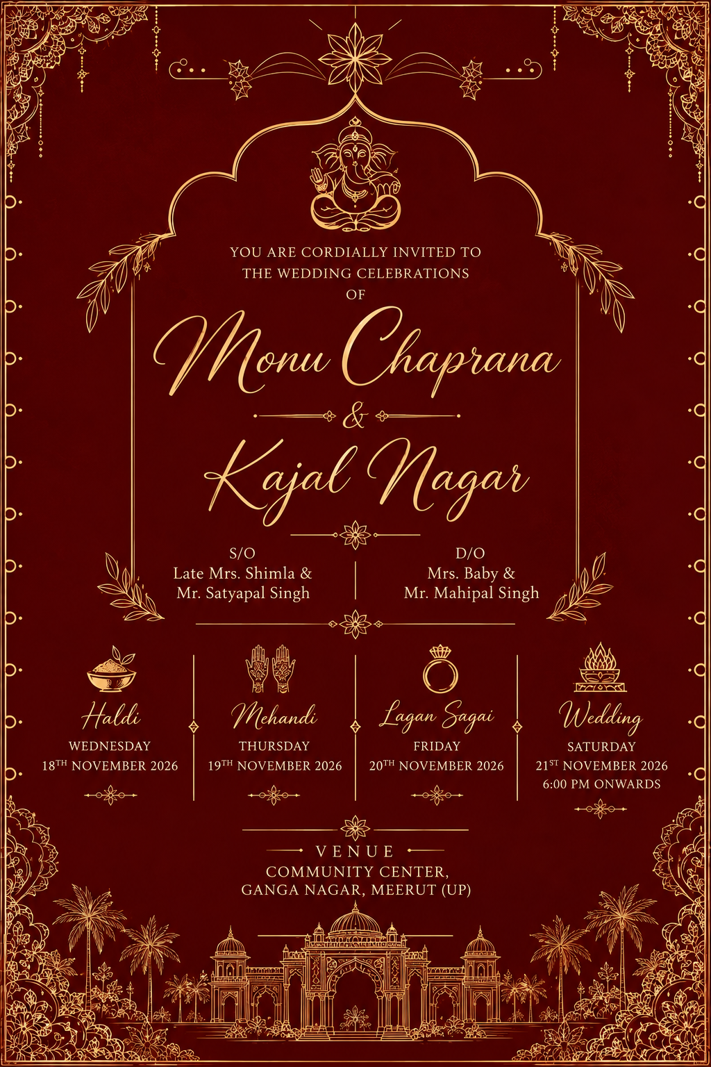 Royal maroon and antique-gold wedding invitation card for Monu Chaprana and Kajal Nagar